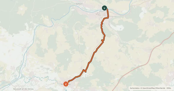 Kartenübersicht der Radroute Radweg Kelheim-Abensberg