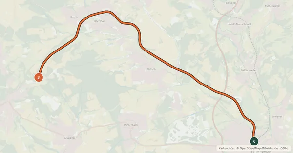 Kartenübersicht der Radroute Radweg St.Wendel - Oberthal - Tholey (alte Eisenbahnstrecke)