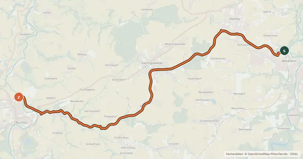 Kartenübersicht der Radroute Radweg Zschopau - Mulde