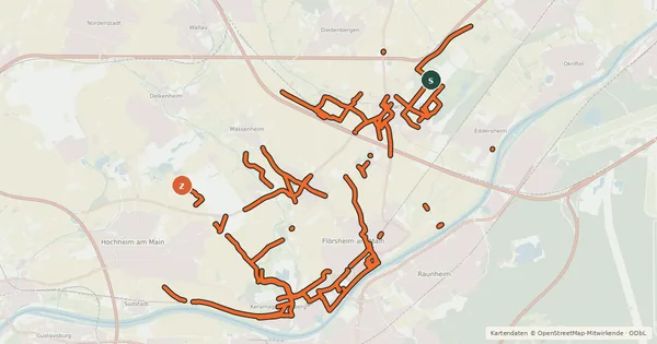 Kartenübersicht der Radroute Radwegenetz Flörsheim
