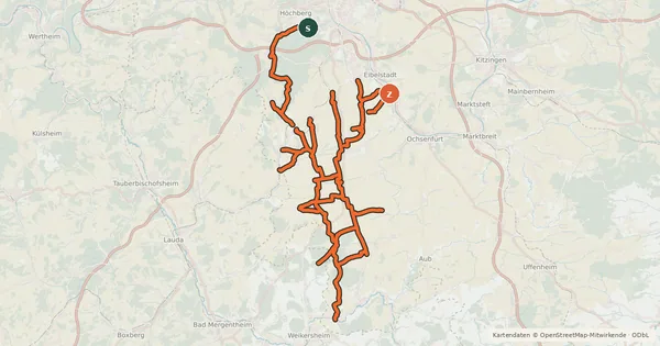 Kartenübersicht der Radroute Radwegenetz Landkreis Würzburg Süd