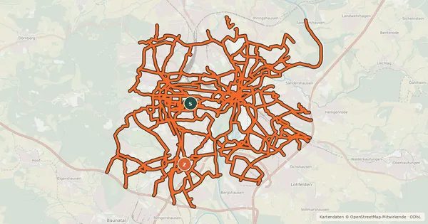 Kartenübersicht der Radroute Radwegweisungsnetz Stadt Kassel