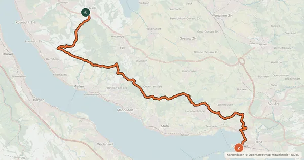 Kartenübersicht der Radroute Rapperswil - Forch