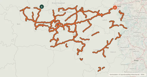 Kartenübersicht der Radroute RAVeL W1 Entre Dendre et Haut-Pays