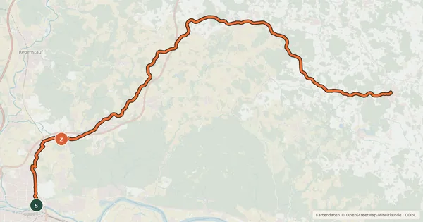 Kartenübersicht der Radroute Regensburg-Falkenstein-Radweg