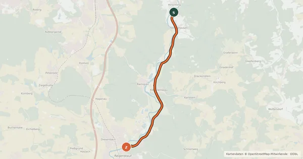 Kartenübersicht der Radroute Regenstauf-Hirschling