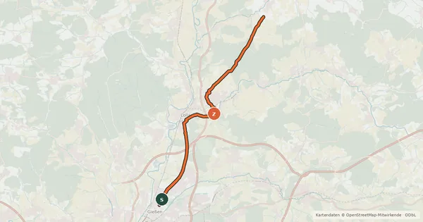 Kartenübersicht der Radroute Regionalweg 1 Gießen-Staufenberg