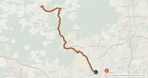 Kartenübersicht der Radroute Regionalweg 13 Gießen-Gladenbach