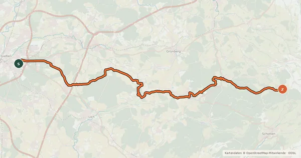 Kartenübersicht der Radroute Regionalweg 4 Gießen - Laubach