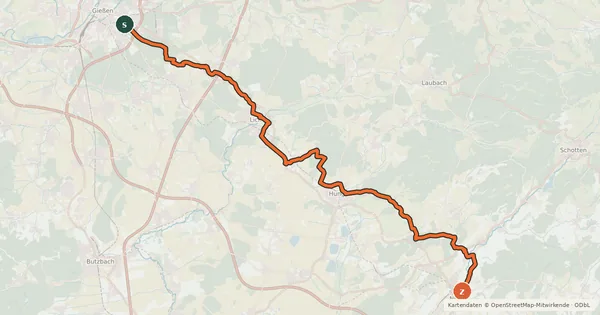 Kartenübersicht der Radroute Regionalweg 5 Gießen - Hungen