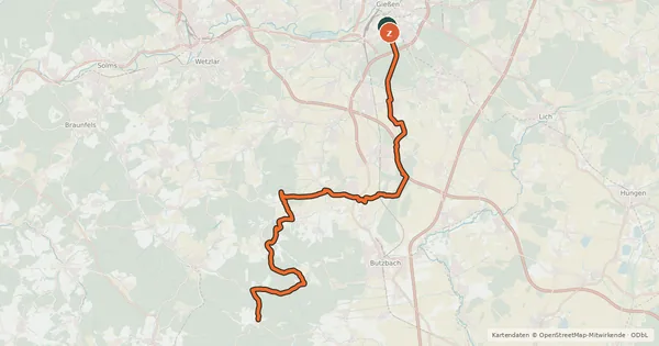 Kartenübersicht der Radroute Regionalweg 8 Gießen Richtung Bodenrod