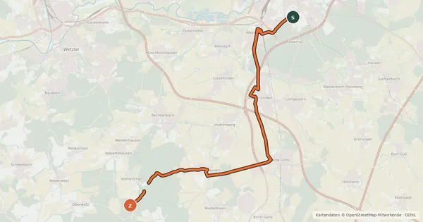 Kartenübersicht der Radroute Regionalweg 9 Gießen - Richtung Langgöns