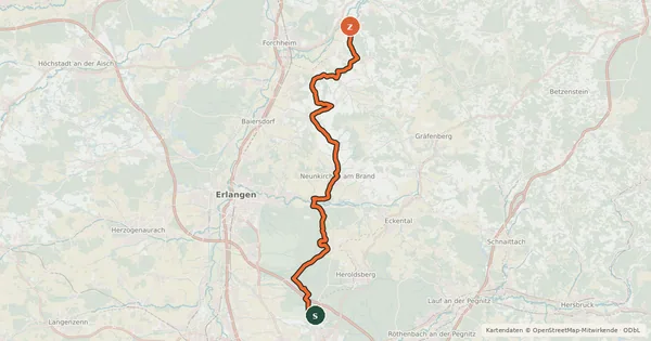 Kartenübersicht der Radroute Reichswald Fränkische Schweiz Radweg