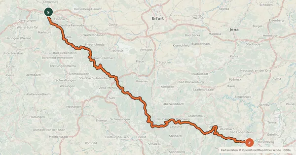 Kartenübersicht der Radroute Rennsteig-Radwanderweg
