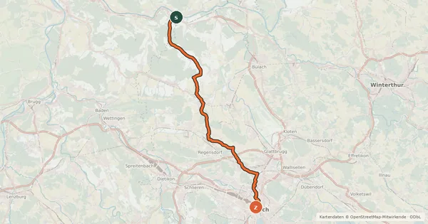 Kartenübersicht der Radroute Rhein-Hirzel-Linth