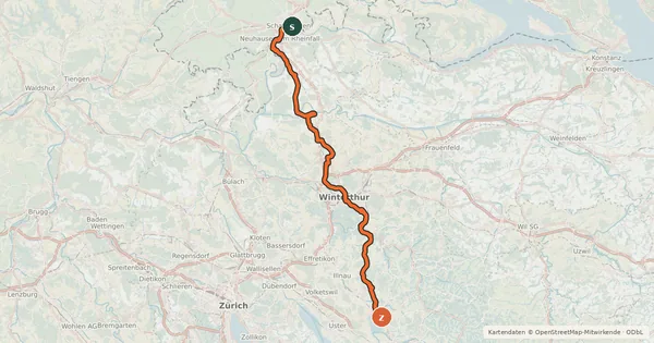 Kartenübersicht der Radroute Rheinfall - Zürcher Oberland
