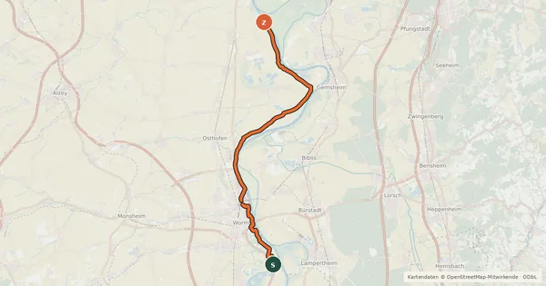 Kartenübersicht der Radroute Rheinland-Pfalz Radroute (Landkreis Alzey-Worms)