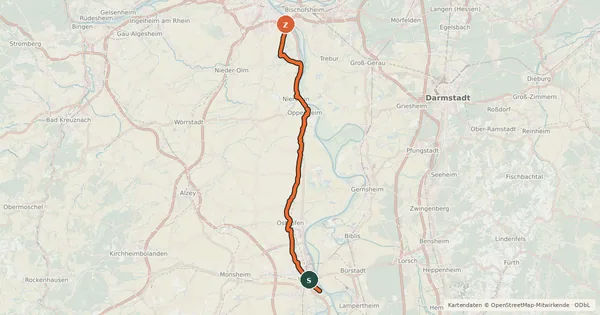 Kartenübersicht der Radroute Rheinterrassenroute