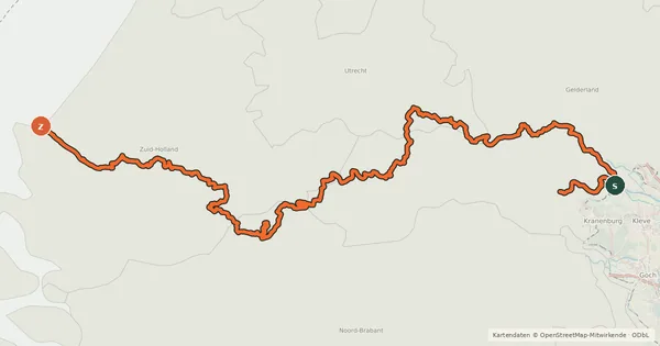 Kartenübersicht der Radroute Rijnfietsroute - Waalvariant