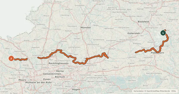 Kartenübersicht der Radroute Römer-Lippe-Route erste Teilstrecke