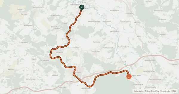 Kartenübersicht der Radroute Rotmain-Radweg (Alternativroute)