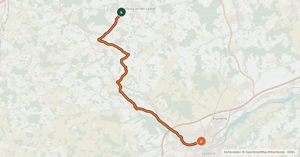 Kartenübersicht der Radroute Rottenburg-Landshut Radweg