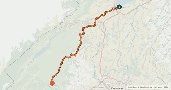 Kartenübersicht der Radroute Route du pied du Jura