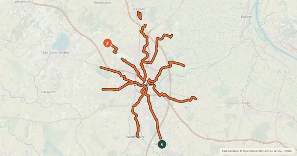 Kartenübersicht der Radroute Route um Oldenburg (Speiche)