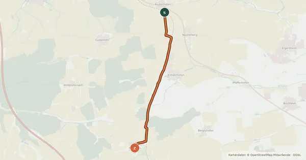 Kartenübersicht der Radroute Rudolzhofen - Mörlbach