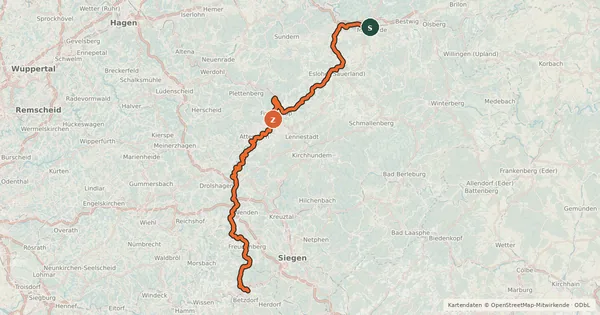 Kartenübersicht der Radroute Ruhr-Sieg-Radweg