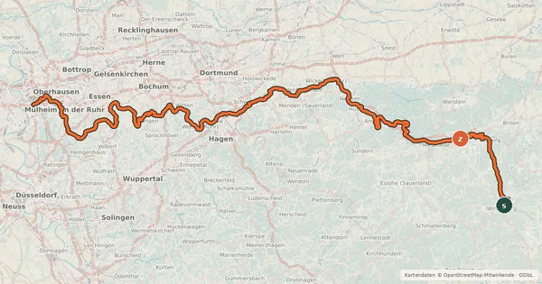 Kartenübersicht der Radroute Ruhrtalradweg