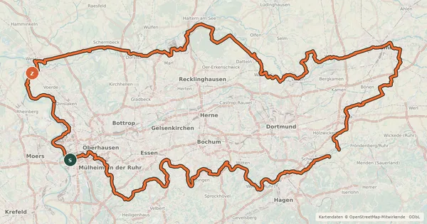 Kartenübersicht der Radroute Rundkurs Ruhrgebiet