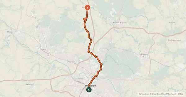 Kartenübersicht der Radroute SachsenNetz Rad Dresden-Radeburg