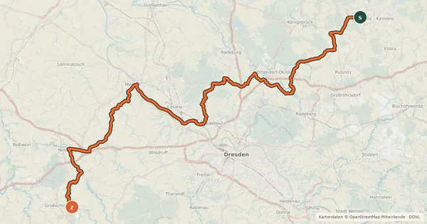 Kartenübersicht der Radroute Sächsische Städteroute [Freiberg-Kamenz]