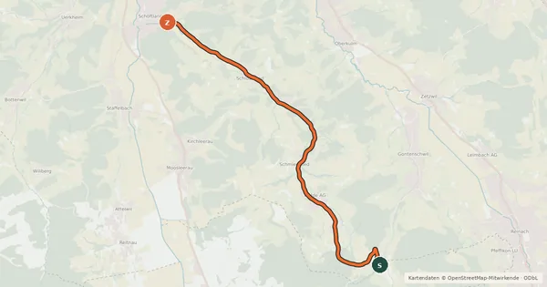 Kartenübersicht der Radroute Schiltwald-Schöftland