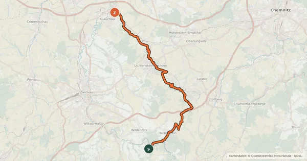 Kartenübersicht der Radroute Schönburger Raweg ( Mulde–Lichtenstein–Glauchau)