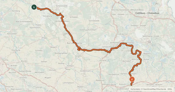 Kartenübersicht der Radroute Schwarze Elster Radweg