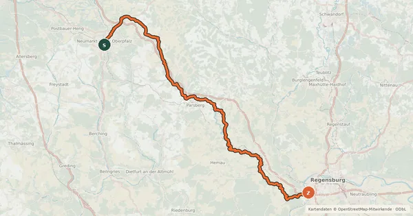 Kartenübersicht der Radroute Schwarze-Laber-Radweg