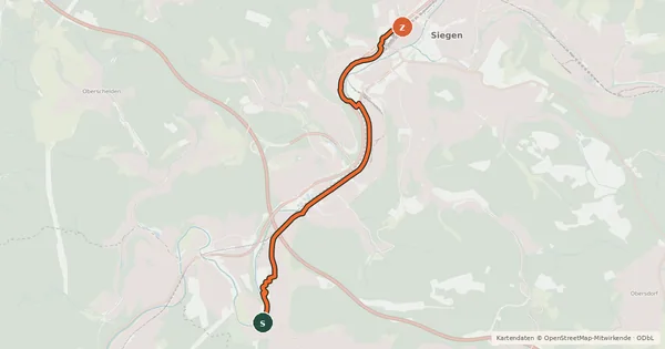 Kartenübersicht der Radroute Siegen Eiserfeld (37) - (38) Siegen