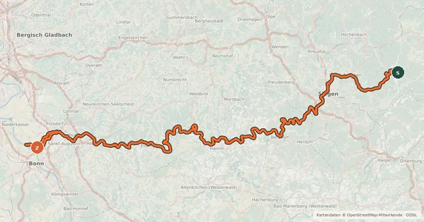 Kartenübersicht der Radroute Siegtal-Radweg