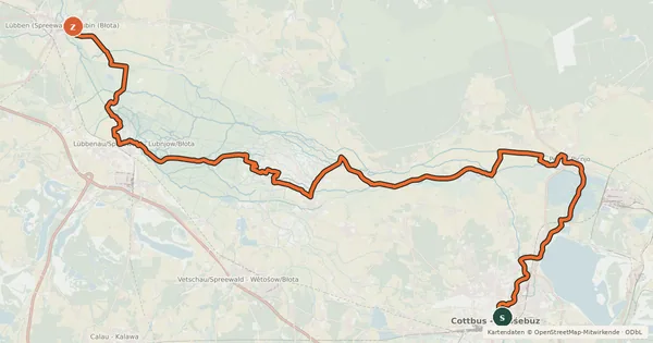 Kartenübersicht der Radroute Spreeradweg [Cottbus↔Lübben]