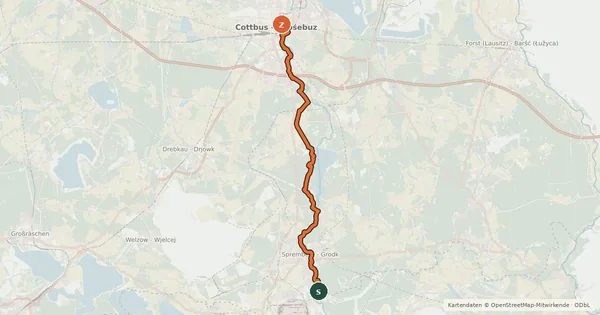 Kartenübersicht der Radroute Spreeradweg (Zerre-Cottbus)