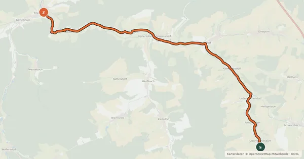 Kartenübersicht der Radroute Stadtroda - Triptis