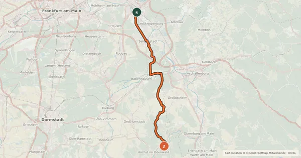 Kartenübersicht der Radroute Südhessen-Route 1