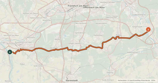 Kartenübersicht der Radroute Südhessen-Route 10