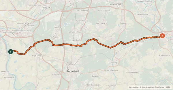Kartenübersicht der Radroute Südhessen-Route 12