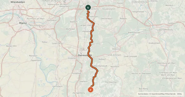 Kartenübersicht der Radroute Südhessen-Route 13