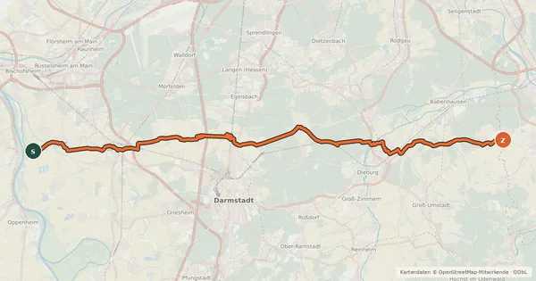 Kartenübersicht der Radroute Südhessen-Route 14