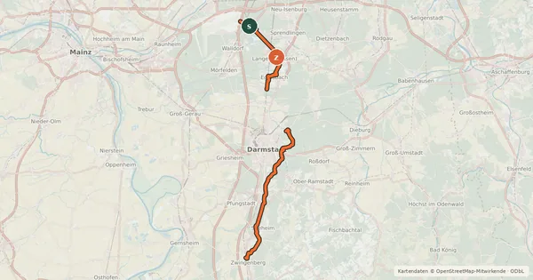 Kartenübersicht der Radroute Südhessen-Route 15