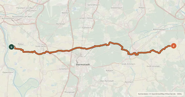 Kartenübersicht der Radroute Südhessen-Route 16